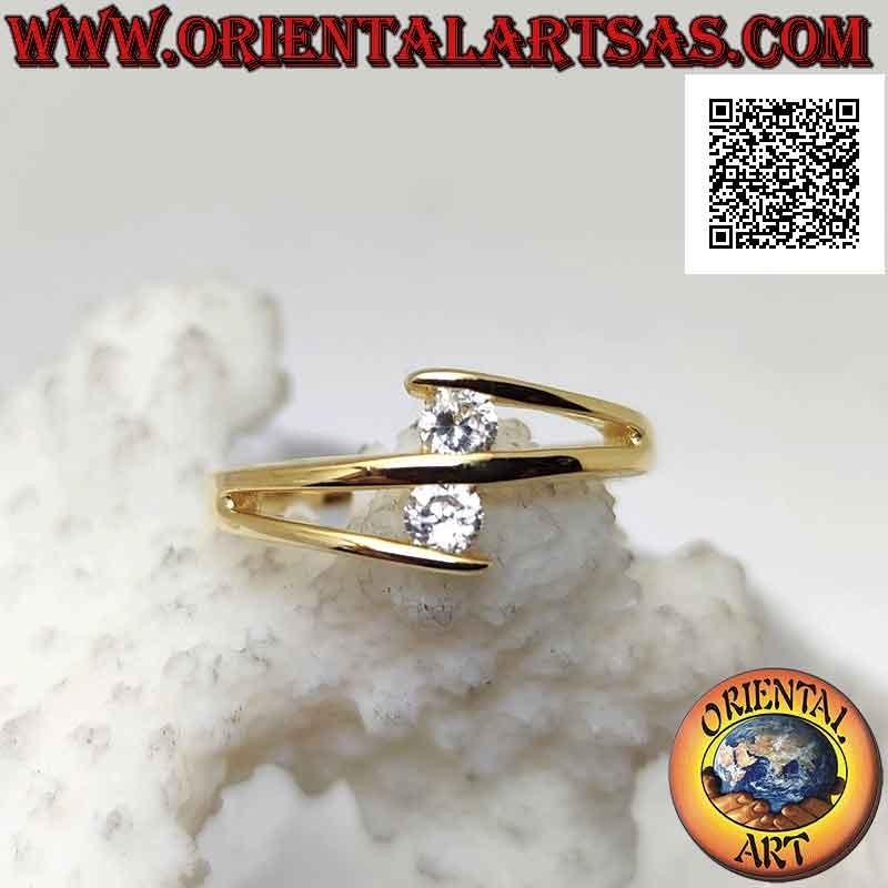 Gold-plated silver ring "contrarié setting" with two round brilliant cut zircons
