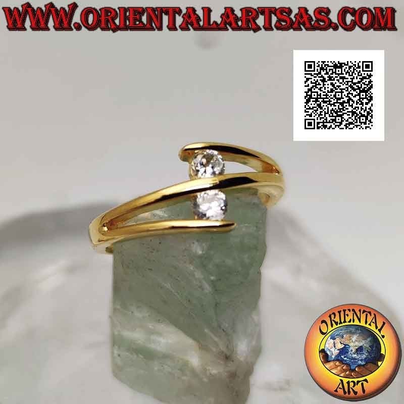 Gold-plated silver ring "contrarié setting" with two round brilliant cut zircons