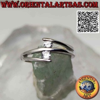 Silver ring "contrarié setting" with two round brilliant cut zircons