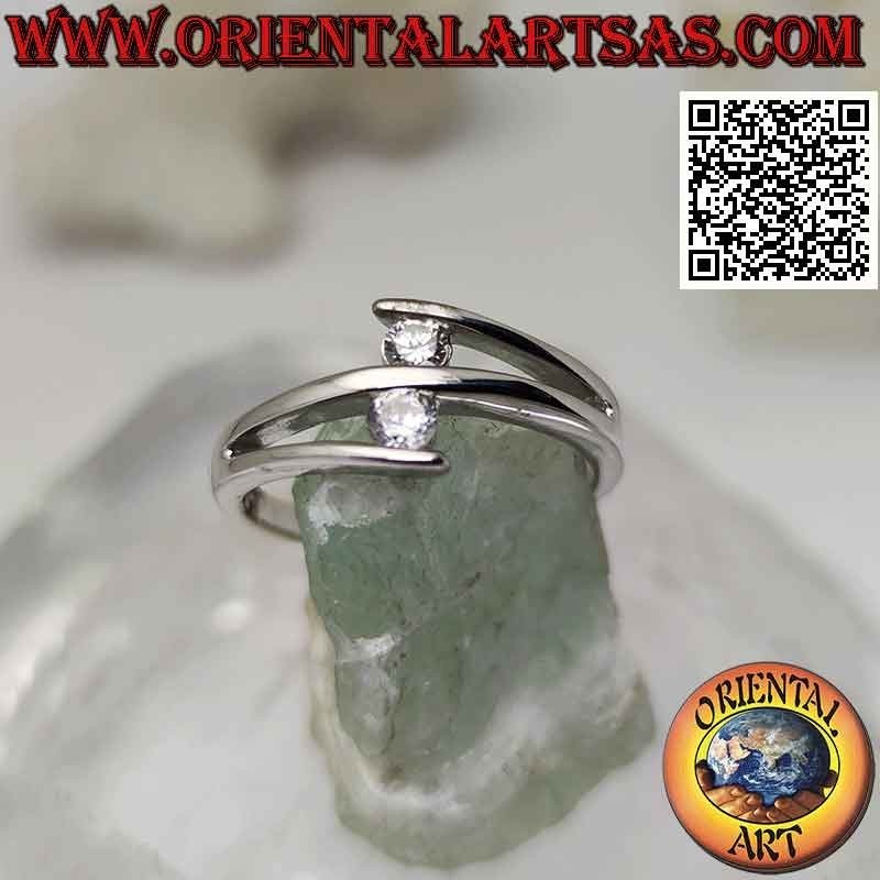 Silver ring "contrarié setting" with two round brilliant cut zircons