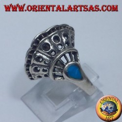 Bague en argent, coquille avec deux gouttes turquoise