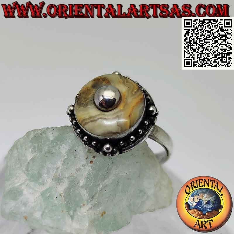Bague en argent avec un jaspe village rond et une boule centrale (b)