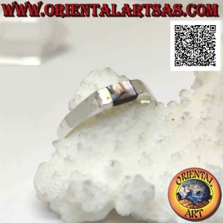 Smooth silver ring with small central rectangular abalone paua shell flush with the edge