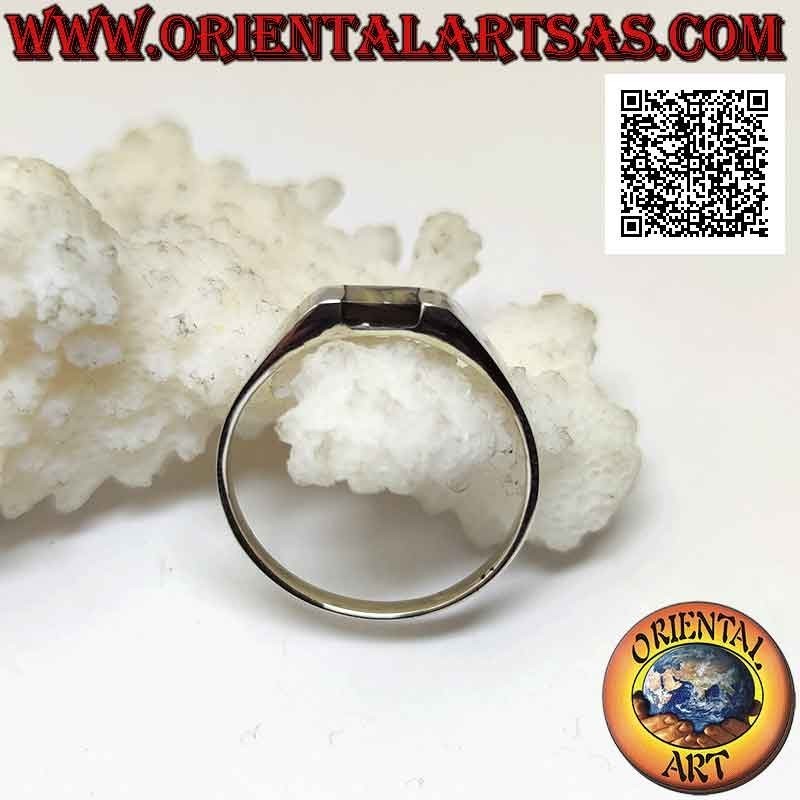 Smooth silver ring with small central rectangular abalone paua shell flush with the edge