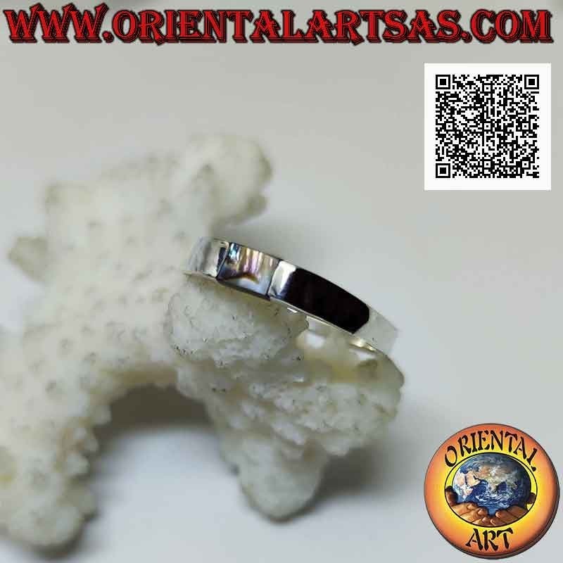 Smooth silver ring with small central rectangular abalone paua shell flush with the edge