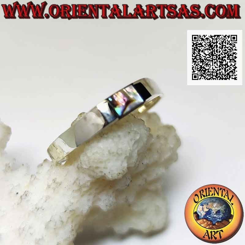 Smooth silver ring with small central rectangular abalone paua shell flush with the edge