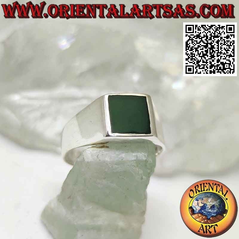 Anillo de plata lisa con ágata verde cuadrada a ras de canto 8x8 mm