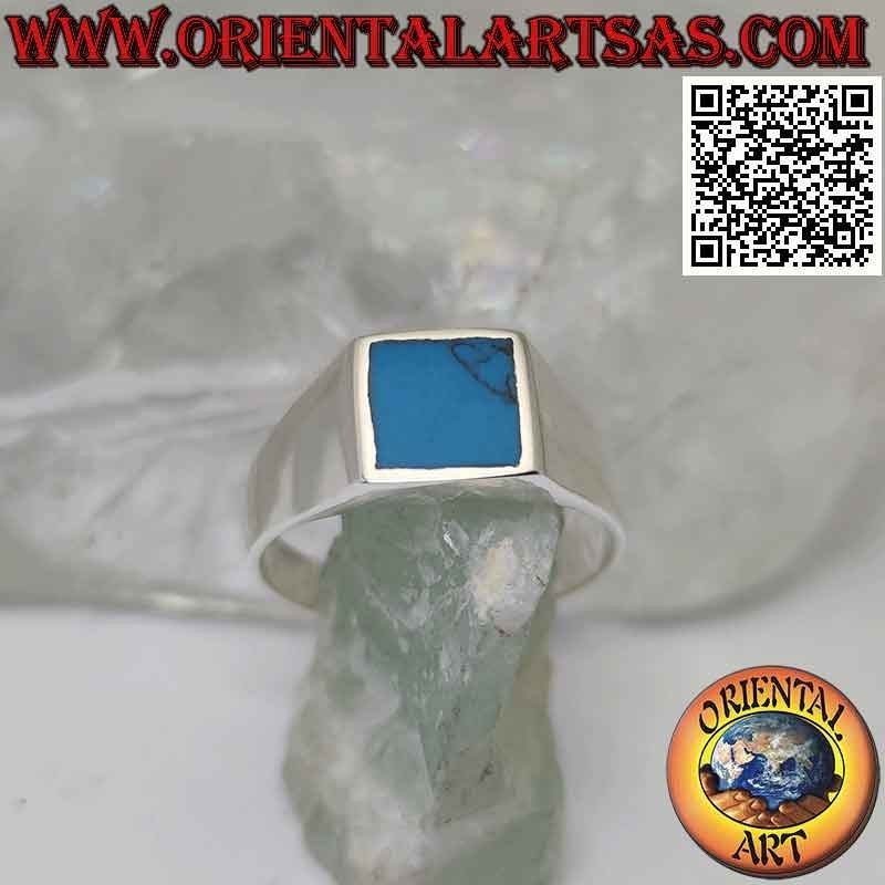 Anillo de plata lisa con turquesa cuadrada con borde 8x8 mm