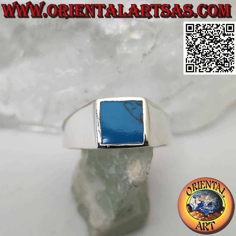 Anillo de plata lisa con turquesa cuadrada con borde 8x8 mm