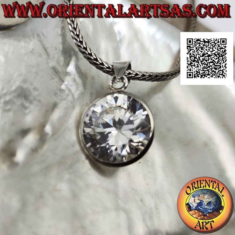 Silver pendant with light point of round zircon surrounded by a smooth 12 mm border