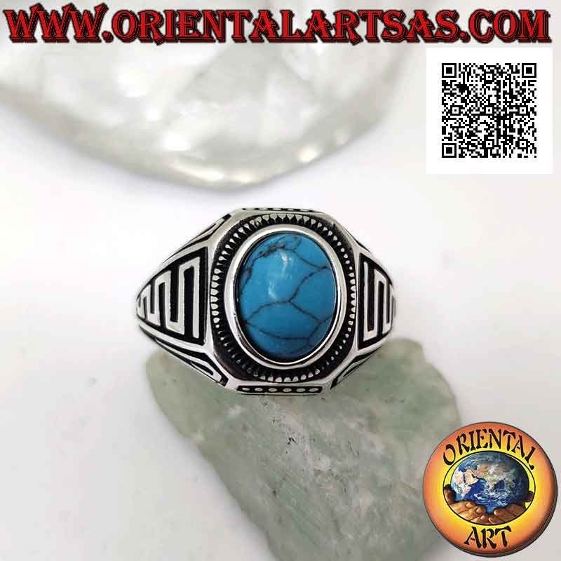 Anello in argento con turchese ovale cabochon e onde in bassorilievo sui lati