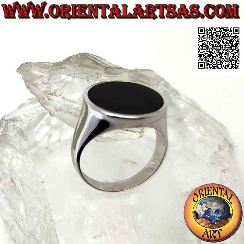 Anello in argento con onice tonda piatta su montatura liscia leggermente concava sui lati da Ø 16 mm