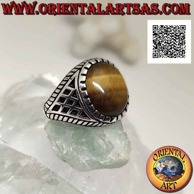Silberring mit Cabochon-Oval-Tigerauge und seitlich eingravierten Rhomben (A)