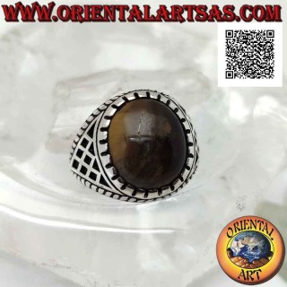 Silberring mit Cabochon-Oval-Tigerauge und seitlich eingravierten Rhomben (B)