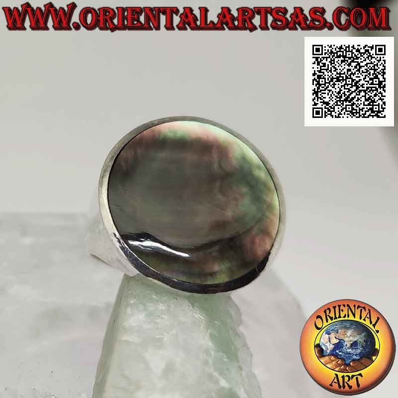Anello in argento con abalone (paua shell) tonda a filo bordo su montatura liscia Ø 20 mm