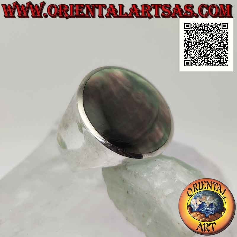 Anillo de plata con abulón redondo (concha de paua) al ras del borde sobre marco liso Ø 20 mm