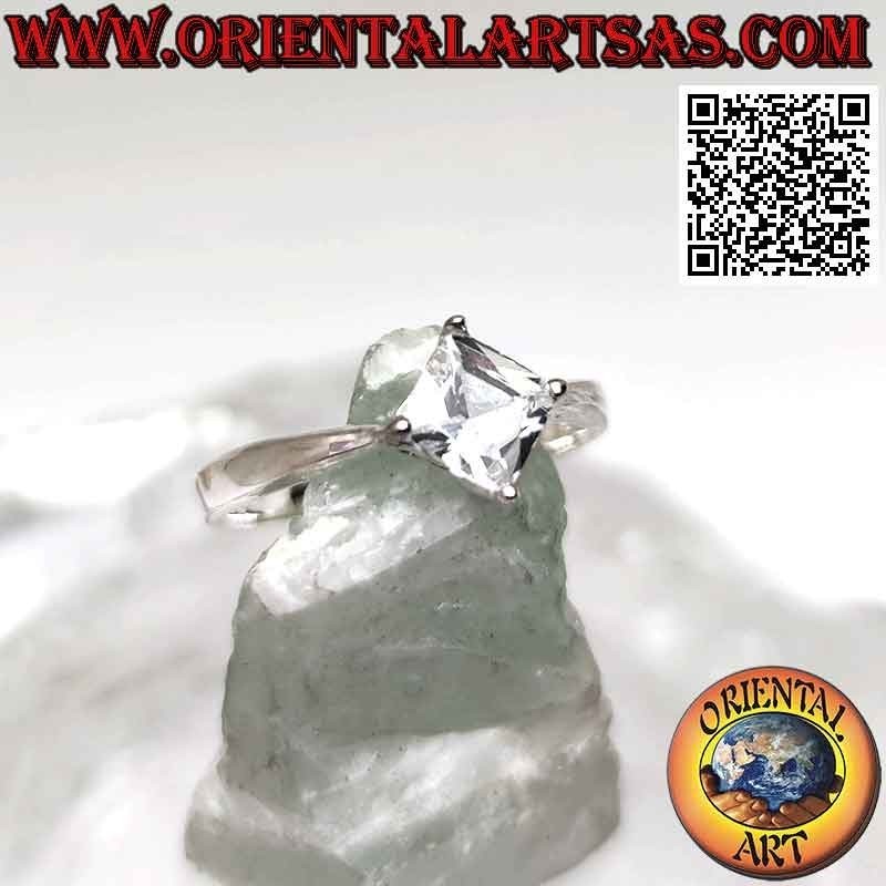 Solitaire silver ring with white square rhomboid zircon set