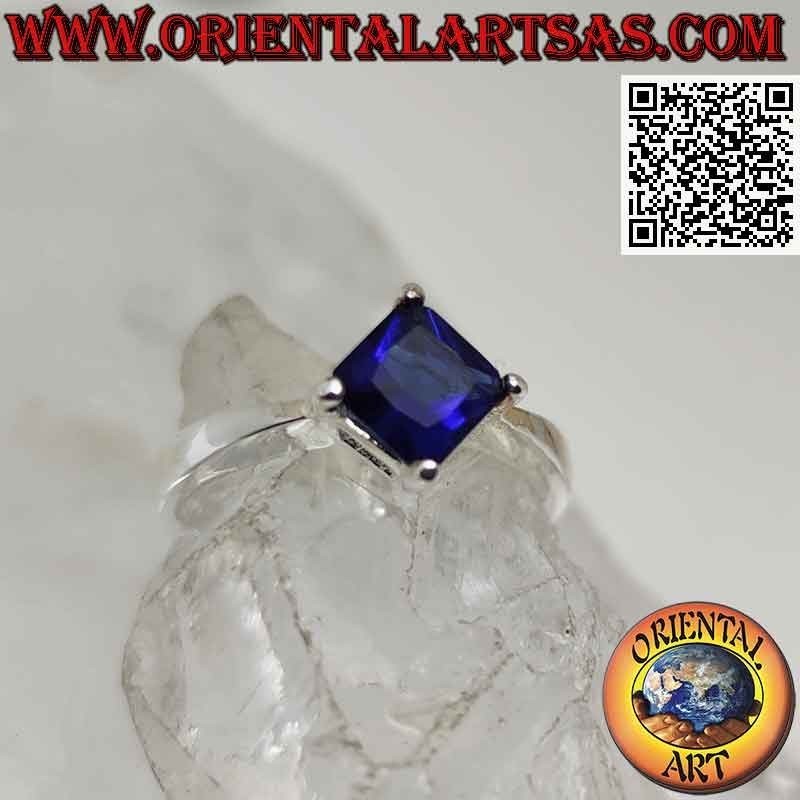 Solitaire silver ring with square rhomboid synthetic sapphire set