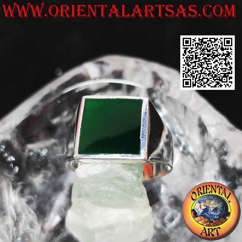 Anillo de plata lisa con ágata verde cuadrada a ras de canto 13x13 mm
