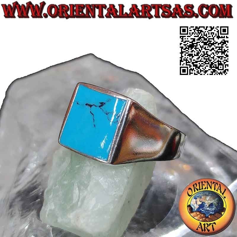 Anello in argento liscio con turchese quadrato a filo bordo 13x13 mm
