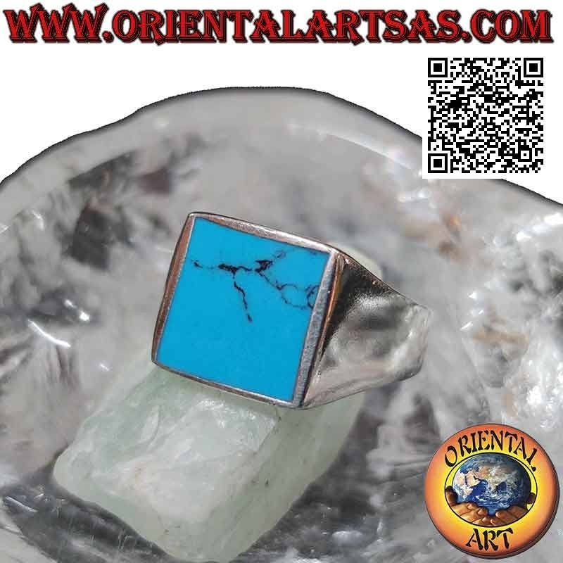 Anillo de plata lisa con turquesa cuadrada al ras de canto 13x13 mm
