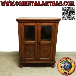 Deep glass cabinet with two doors (half glass and half wood) with floral decoration in teak wood