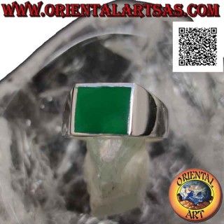 Anello in argento liscio con agata verde rettangolare orizzontale a filo bordo 12x10 mm