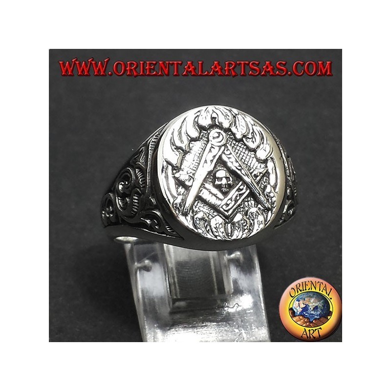anillo de plata, símbolo Mason brújula equipo y el cráneo
