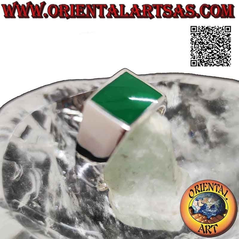 Anillo de plata lisa con ágata verde rectangular horizontal a ras de canto 12x10 mm