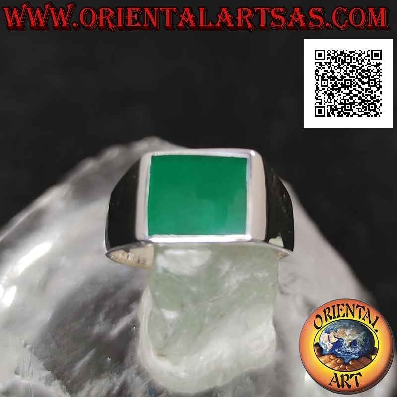 Glatter Silberring mit horizontalem rechteckigem grünem Achat bündig mit Rand 12x10 mm