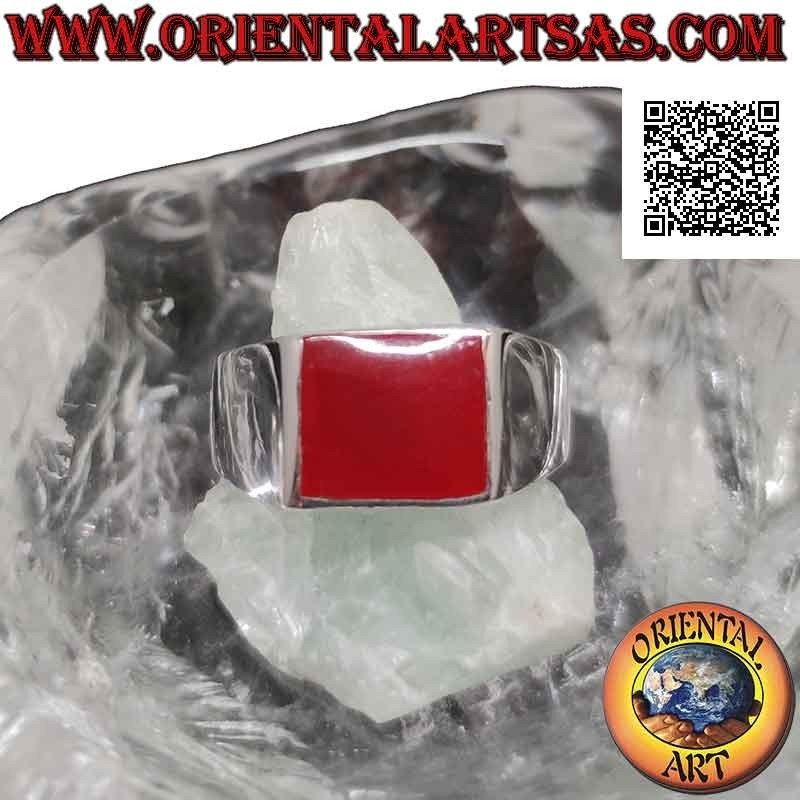 Smooth silver ring with horizontal rectangular carnelian flush with edge 12x10 mm