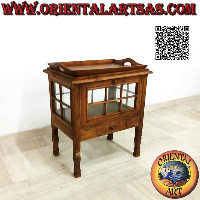Vitrina licorera rectangular con puerta y bandeja de madera de teca