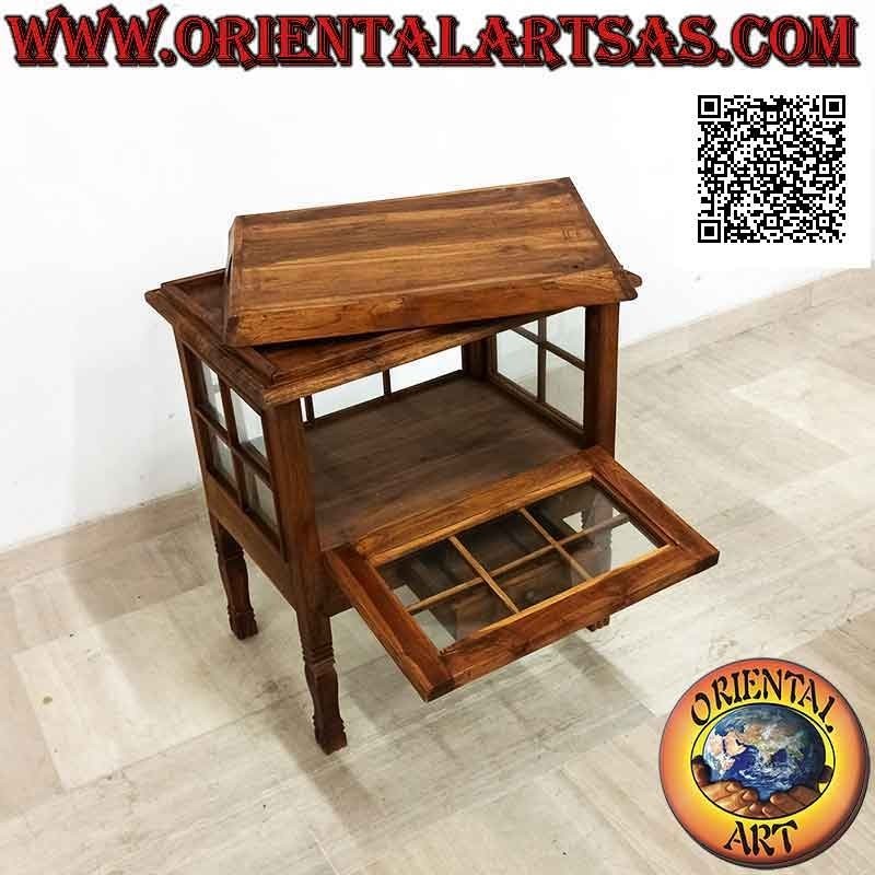Vitrina licorera rectangular con puerta y bandeja de madera de teca