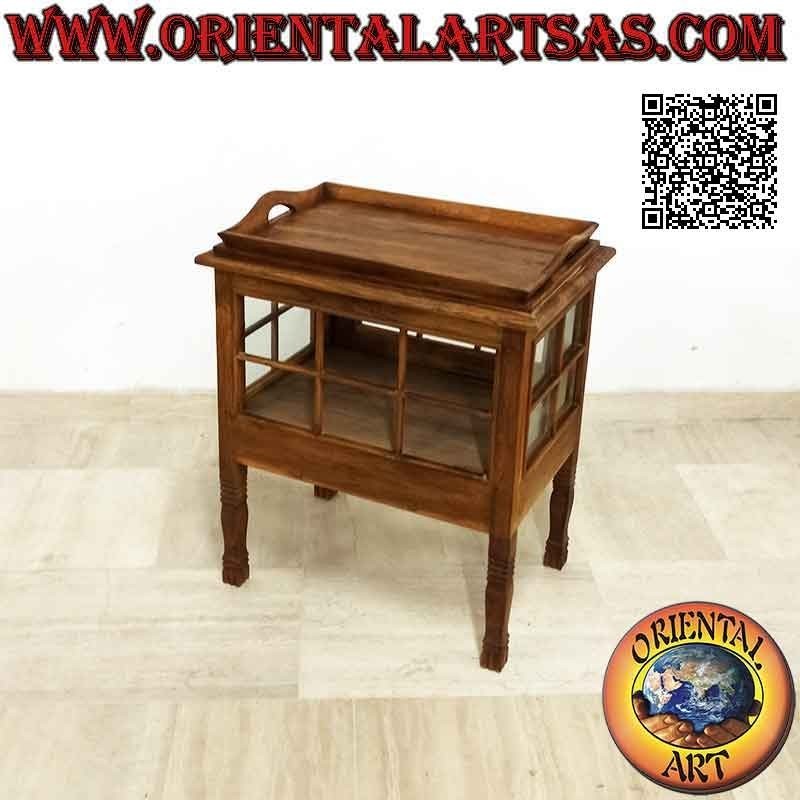 Vetrinetta bar porta liquore rettangolare con anta e vassoio in legno di teak