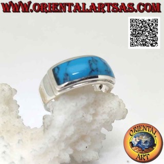 Silver ring with horizontal rectangular turquoise flush with double smooth raised edge