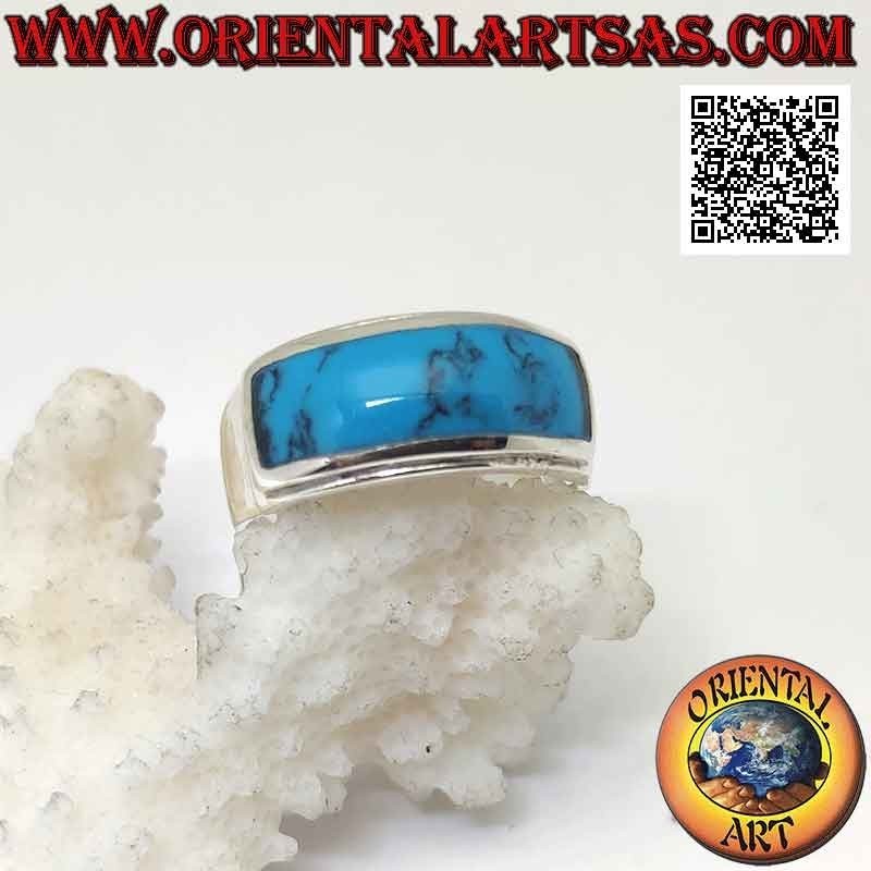 Silver ring with horizontal rectangular turquoise flush with double smooth raised edge