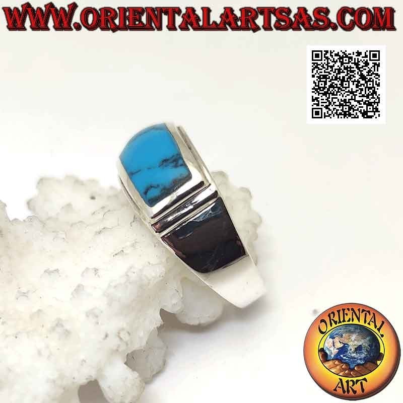 Silver ring with horizontal rectangular turquoise flush with double smooth raised edge