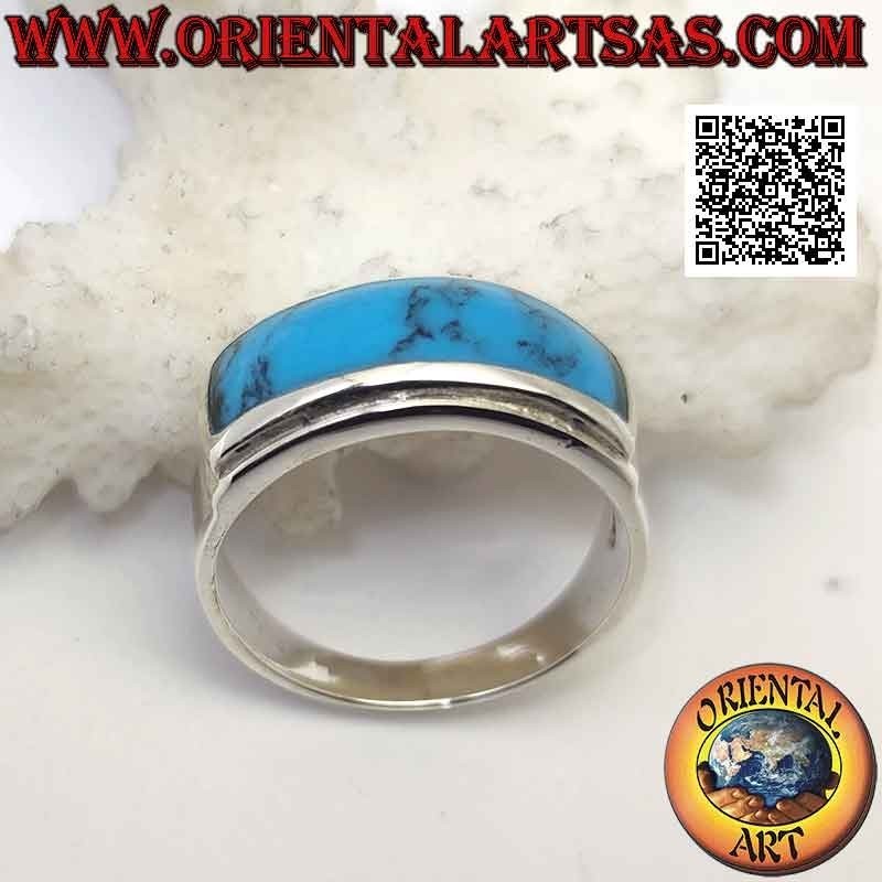 Silver ring with horizontal rectangular turquoise flush with double smooth raised edge