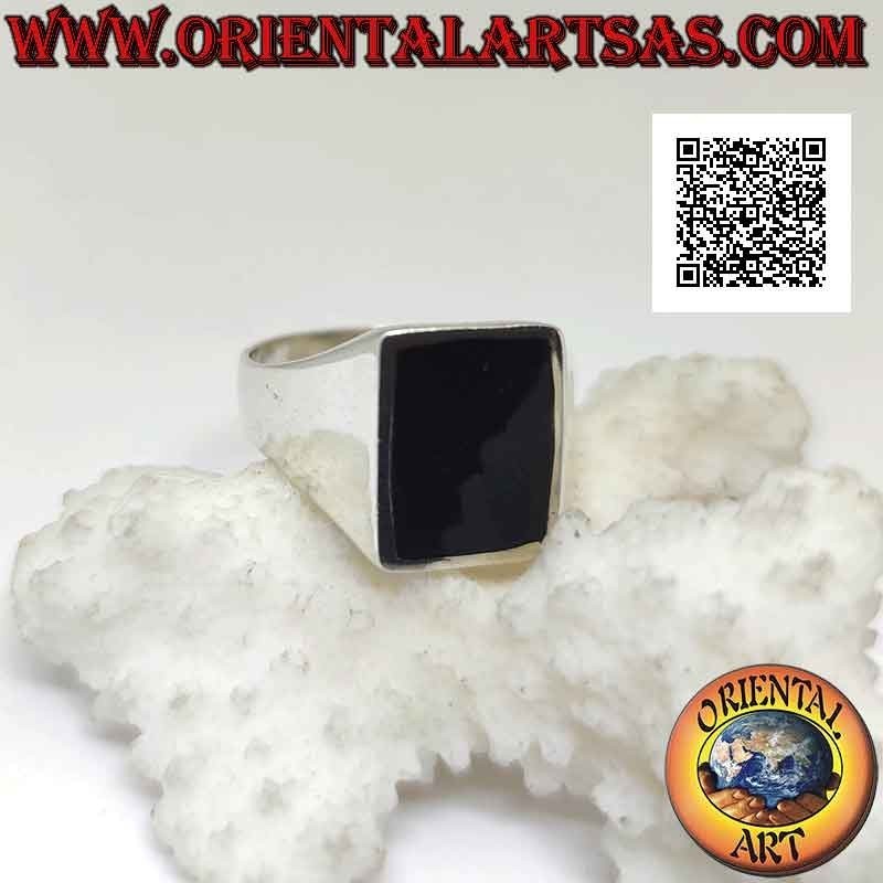 Anillo de plata con ónix rectangular vertical al ras con borde liso 12 x 8 mm