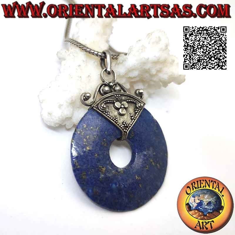 Lapislazuli-Anhänger, 35 mm Donut-Form. mit Haken in Silber-Flachrelief verziert