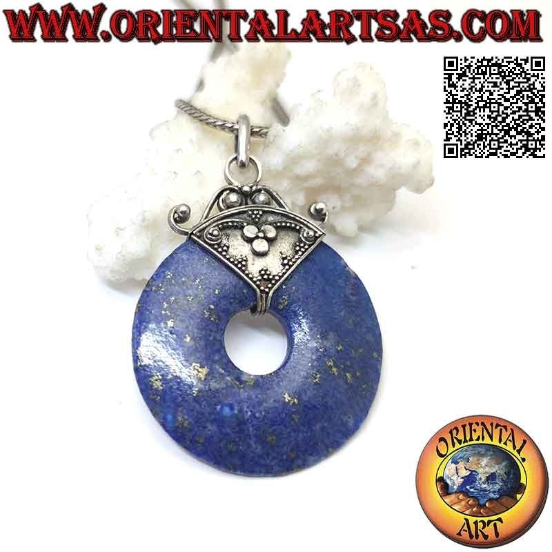 Lapislazuli-Anhänger, 35 mm Donut-Form. mit Haken in Silber-Flachrelief verziert