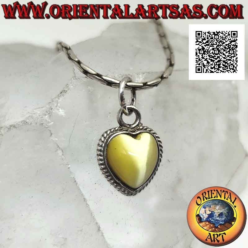 Silver pendant with yellow cimòfane (cat's eye) with heart surrounded by interweaving