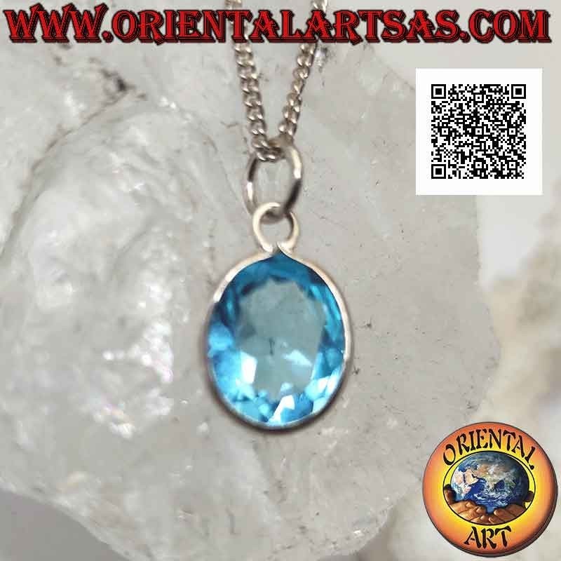 Silver pendant with oval natural blue topaz on a simple setting with a smooth edge