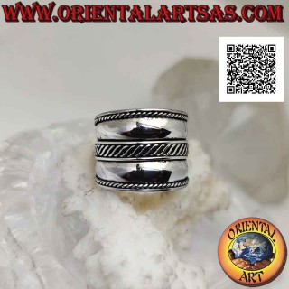Anello in argento a fascia larga con doppia linea a onda intrecciata centrale, Bali