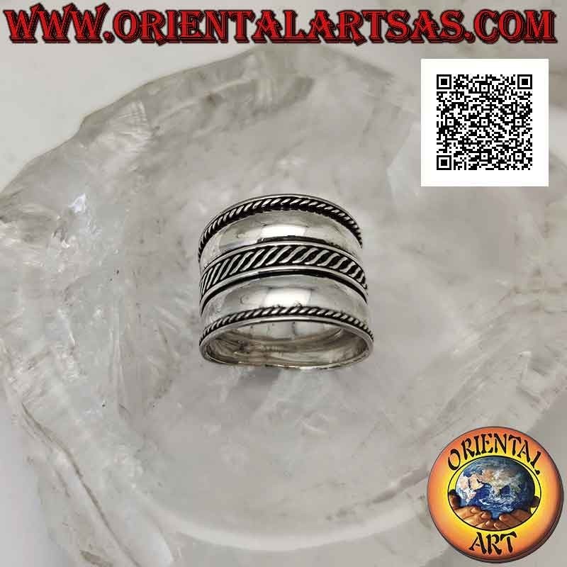 Anello in argento a fascia larga con doppia linea a onda intrecciata centrale, Bali