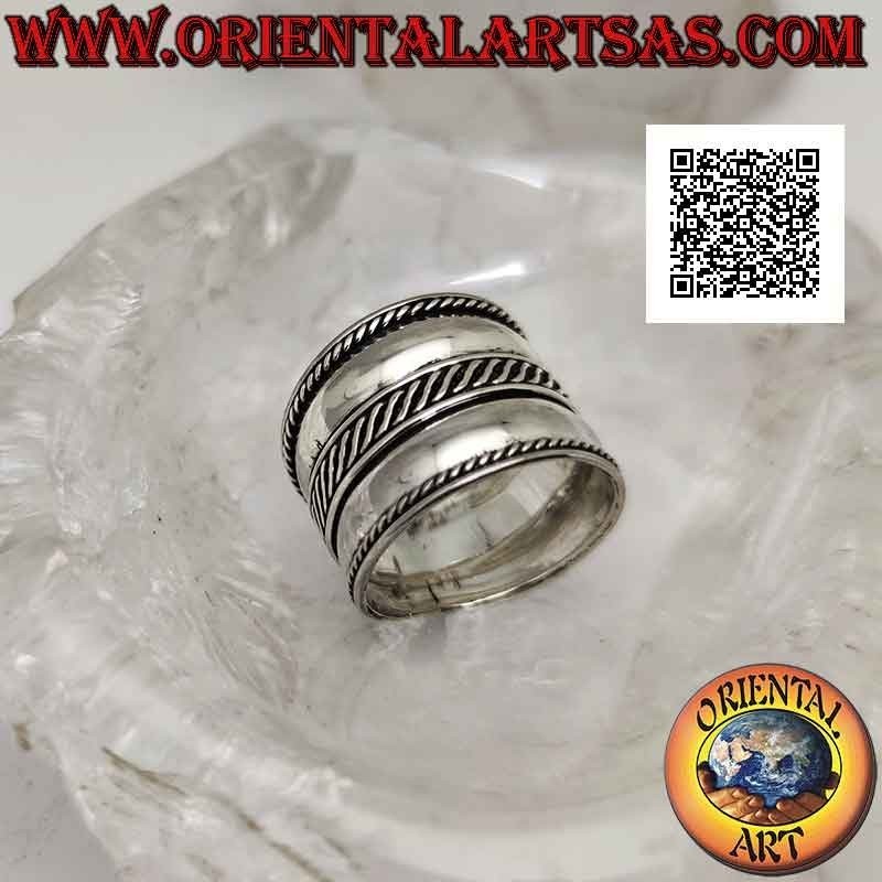 Anillo de plata de banda ancha con doble línea con onda central entrelazada, Bali