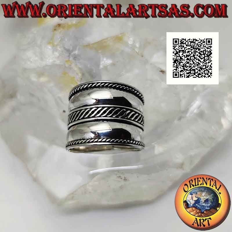 Bague en argent à large bande avec double ligne avec vague centrale entrelacée, Bali