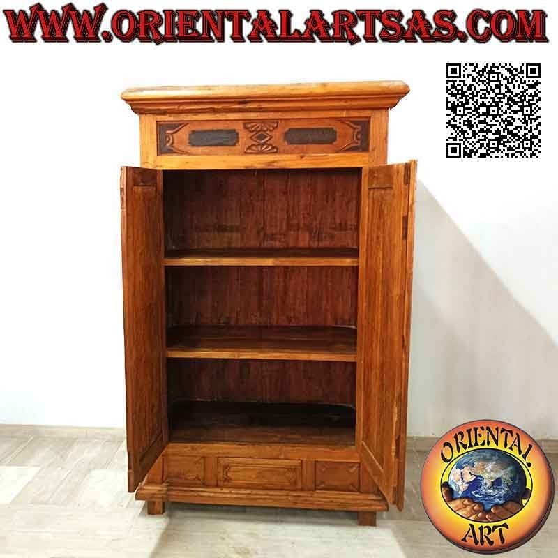 Armoire 2 portes (3 étagères) avec tiroir central et décor supérieur en bois de teck antique
