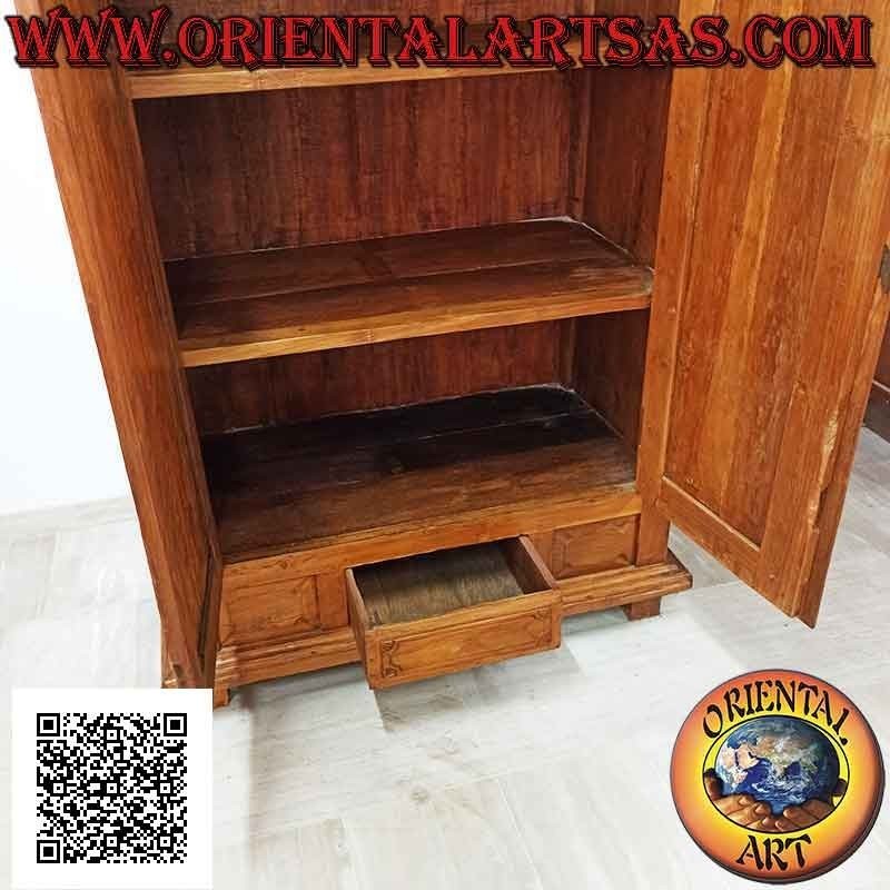 2-door wardrobe (3 shelves) with central drawer and top decoration in antique teak wood