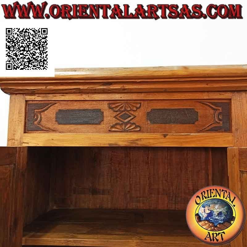 Armoire 2 portes (3 étagères) avec tiroir central et décor supérieur en bois de teck antique